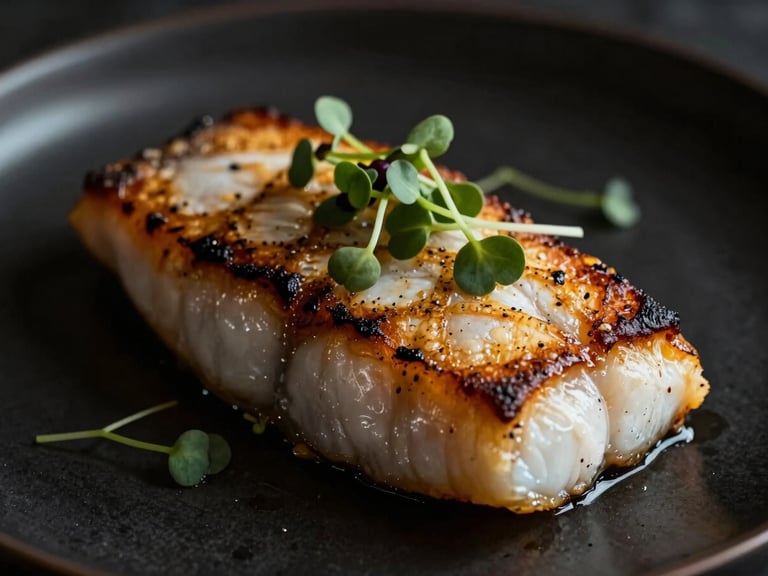 Macro shot of a pan-seared barramundi fillet, garnished with microgreens, on a dark plate, moody low-key side lighting, deep shadows, warm gold and charcoal tones