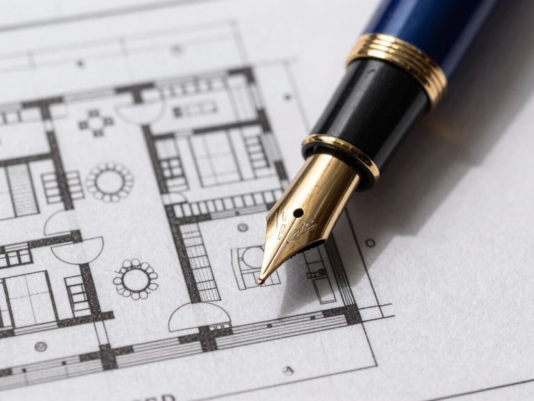 Macro close-up of a fountain pen resting on a detailed architectural blueprint of a residential estate, high-contrast shadows, deep navy and gold accents, editorial corporate photography.