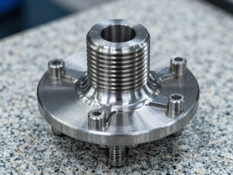 A close-up of high-precision machined steel threads on a finished wheel hub, sitting on a clean granite inspection table, cool metallic industrial lighting, macro lens showing fine steel textures.