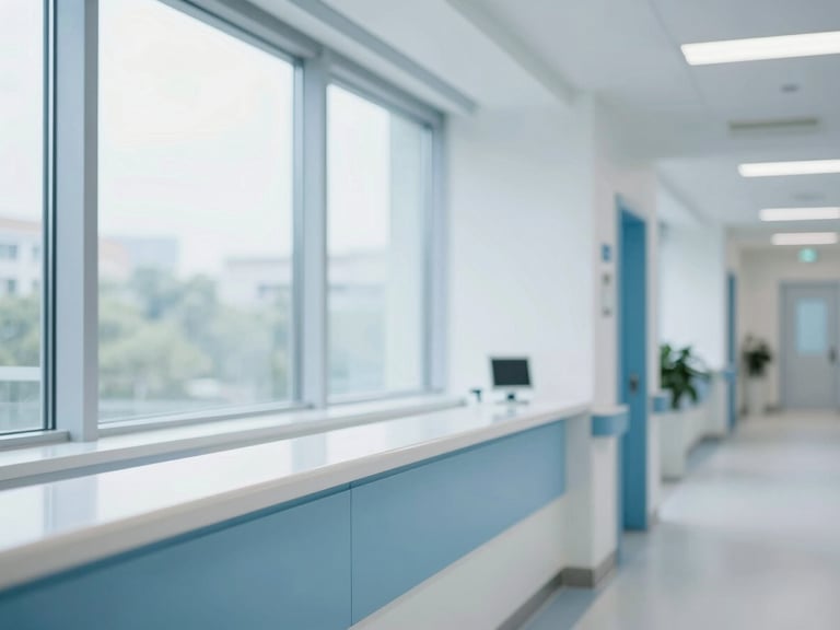 Bright clinical corridor with natural window light, modern hospital reception area, professional and clean blue and white tones