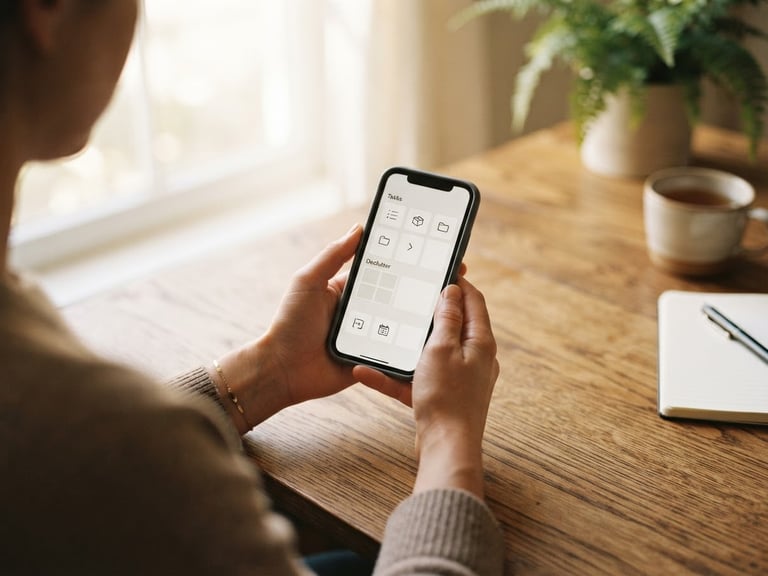 Over-the-shoulder shot of hands holding a mobile phone displaying a minimalist home organization app, warm morning light filtering through a window, wooden table surface, soft focus, 35mm film.