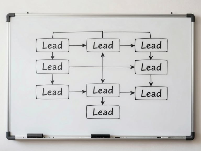 A physical whiteboard with a neatly drawn flow chart of lead routing, bright natural daylight, sharp focus, 35mm lens