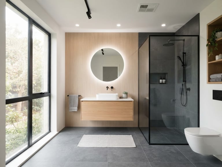 Wide shot of a minimalist, newly renovated bathroom with flawless tiling and recessed lighting, soft natural daylight streaming through a window, architectural interior photography, sharp focus, 35mm