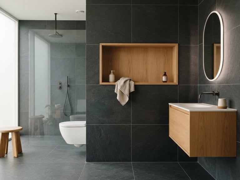 Wide shot of a minimalist, architectural bathroom with natural light, focusing on perfectly aligned large format tiles and a recessed niche, clean slate and warm oak tones, sharp focus, 35mm.