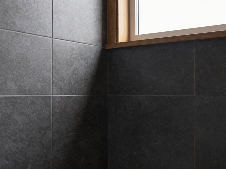 Extreme close-up of perfectly aligned large format dark gray tiles with minimal grout lines in a shower niche, soft natural daylight, architectural interior photography, sharp focus, 35mm