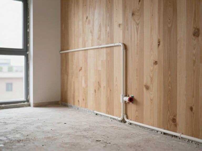 Architectural interior photography of a clean construction site with new plumbing lines neatly installed behind a wall, showing technical pride, soft natural daylight, sharp focus, 35mm