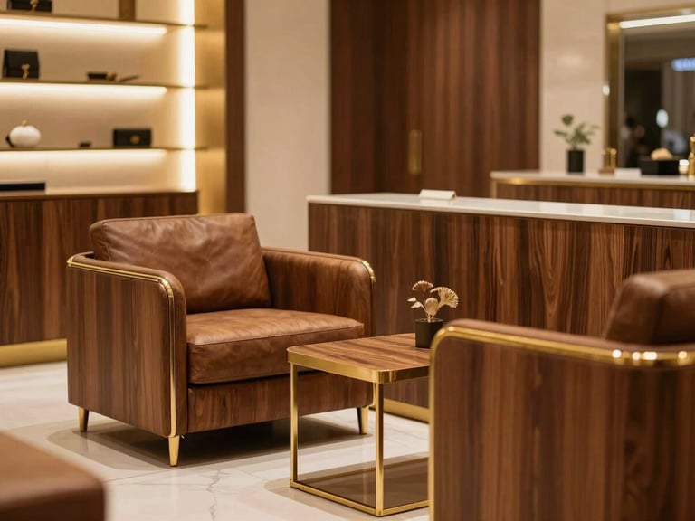 Warm editorial photography of a luxury showroom lounge in Indore, soft side-lighting, rich walnut wood textures and gold accents, shallow depth of field