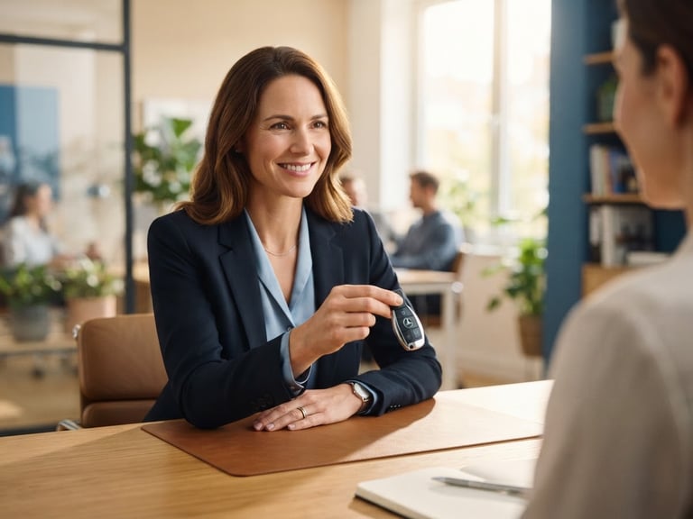 Medium close-up of a professional advisor in a bright natural office holding a car key over a clean wooden desk, shallow depth of field, warm editorial photography.