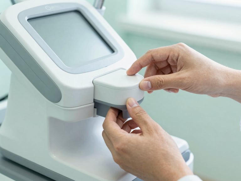 Close-up of clinical hands adjusting a modern therapeutic device, bright natural light, soft teal and slate tones, high-end medical editorial