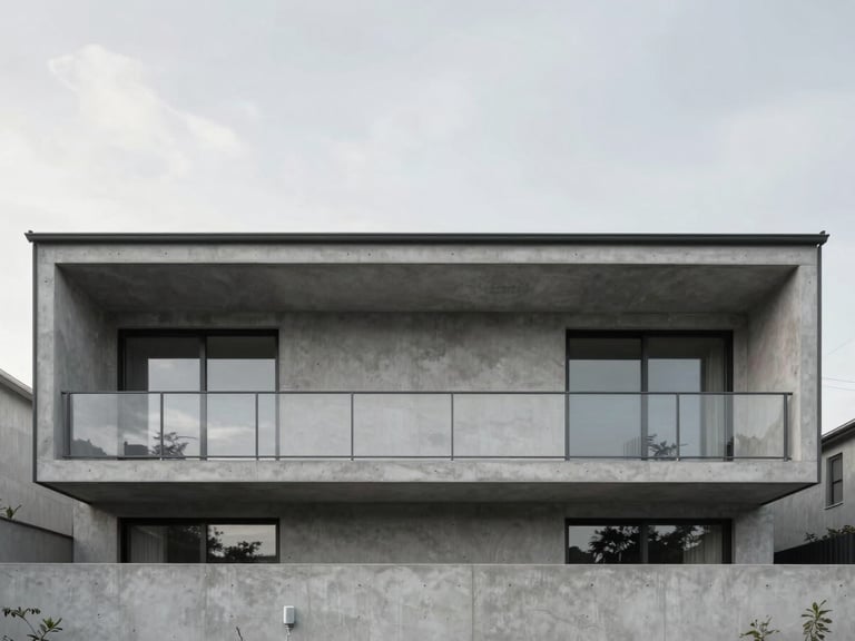 Straight-on architectural elevation of a minimalist steel and concrete residential facade, soft overcast daylight, desaturated cool tones, high-end editorial