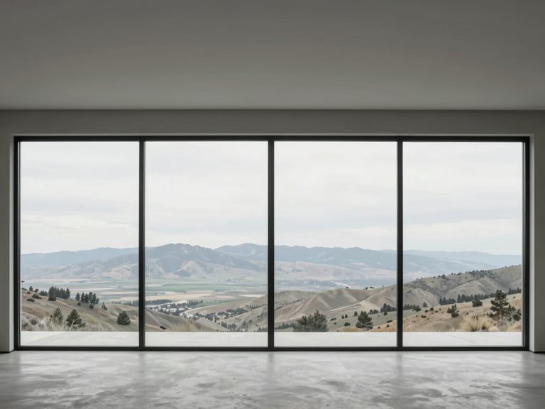 Interior spatial design of a minimalist living room featuring expansive floor-to-ceiling windows overlooking Utah valley, soft overcast daylight