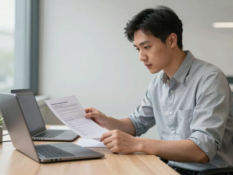 Medium shot of a practice manager at a desk reviewing a printed protocol document alongside a laptop screen, indoor office light, focused and quiet atmosphere, no distractions in frame