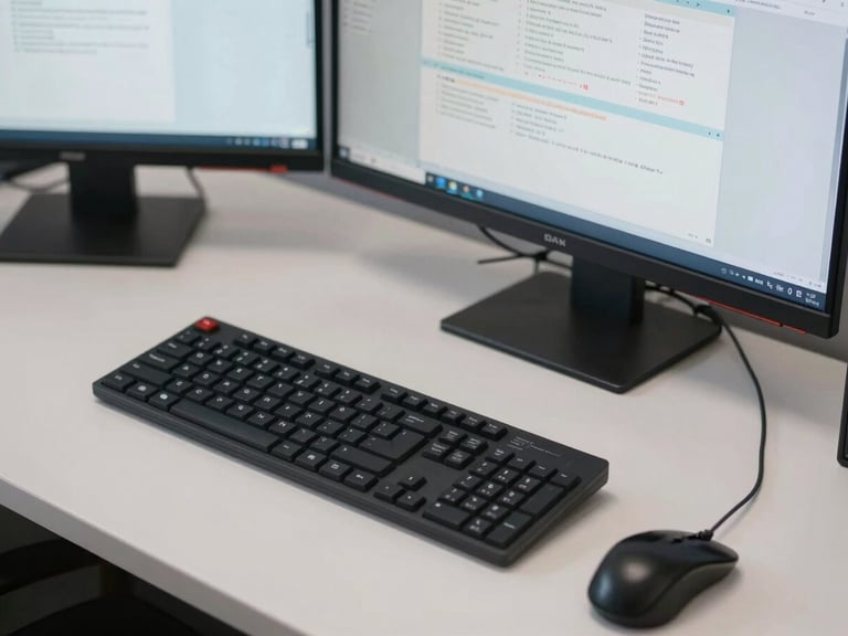 Close-up overhead shot of a GP's desk with a keyboard, mouse, and two monitors showing clinical software interfaces, even fluorescent and window light, no people, clean and functional workspace