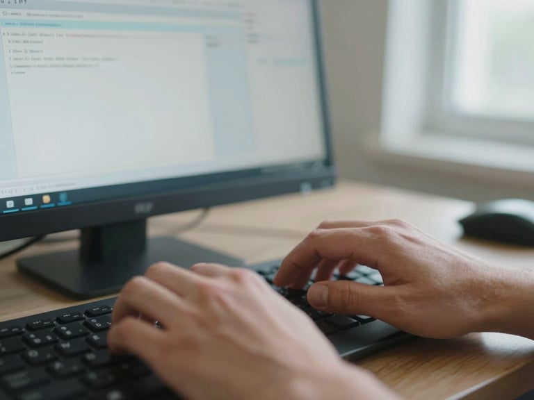Close-up of a GP's hands typing on a keyboard, a clinical software screen visible in soft focus behind, natural indoor light from a window to the right, calm and concentrated