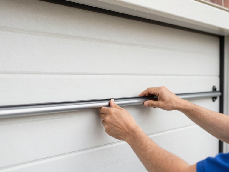 Technician's hands adjusting a garage door track, focused on the roller, clear garage lighting.