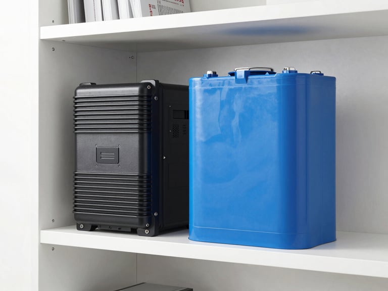 A sleek Luminous inverter system and tall blue tubular battery standing neatly on a dedicated utility shelf in a clean modern Indian home utility room, bright technical lighting