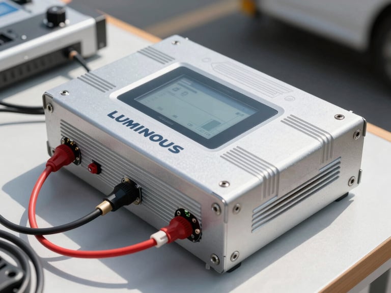 A professional close-up of a dual-battery Luminous inverter setup, showing clean wiring and digital status screen, bright daylight