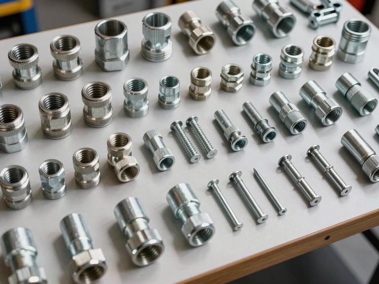 Overhead catalog-style shot of an organized hardware workbench, galvanized pipe fittings, electrical conduit connectors, and steel fasteners arranged in rows by size and type, direct neutral studio lighting, crisp shadows, no people, materials filling the full frame