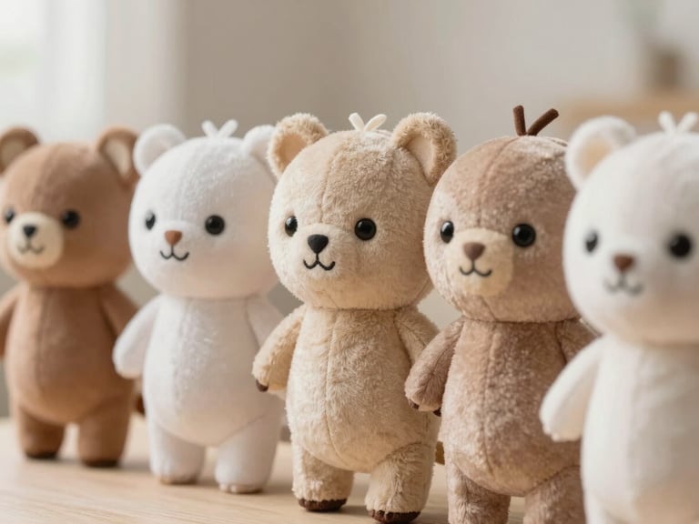 An editorial product shot of custom plush character dolls standing in a row, soft natural lighting, warm neutral background