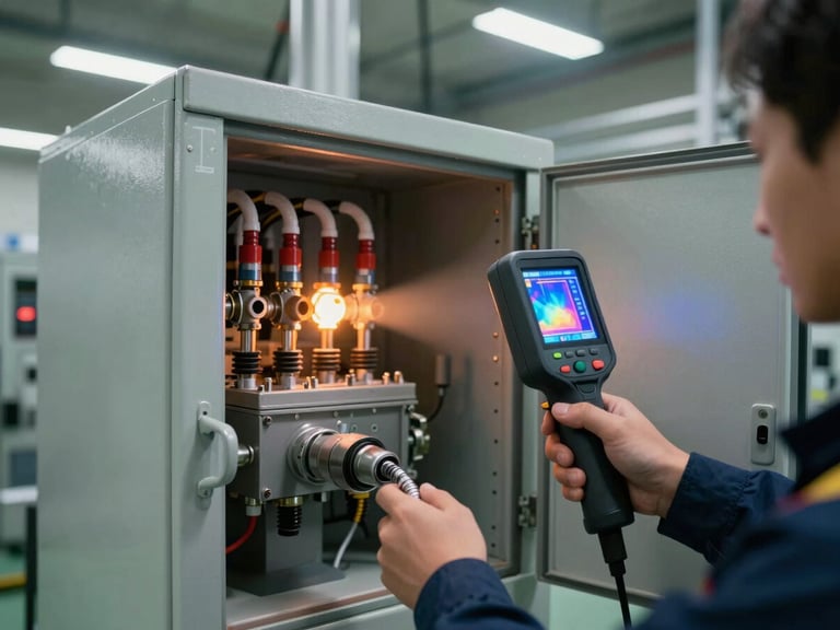 Wide shot of a technician's hands directing a handheld thermal imager at the front face of a high-voltage switchgear cabinet, imager screen glowing with a false-colour thermal map showing a hot busbar connection, industrial substation background, direct overhead fluorescent lighting emphasising the equipment hardware detail