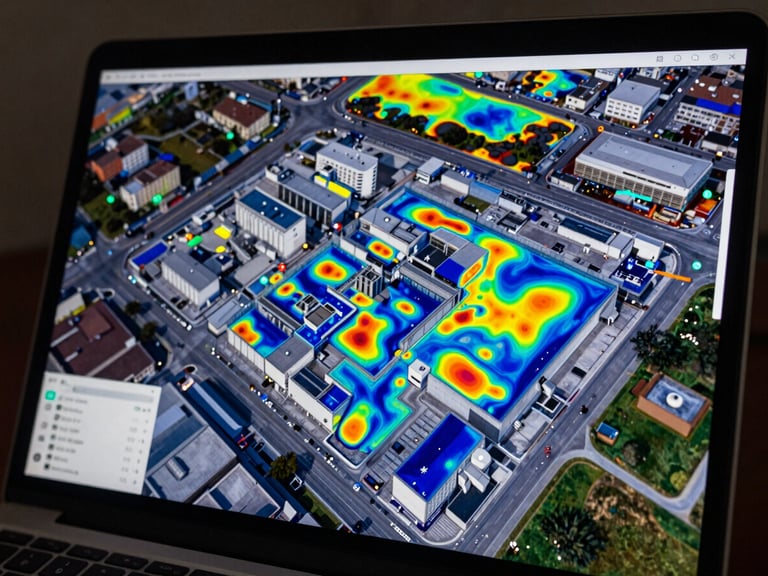 Extreme close-up of a laptop screen displaying a geo-referenced aerial thermal overlay map of an industrial rooftop, colour-coded anomaly markers pinned to precise coordinates, facility plan visible beneath the thermal layer, studio strobe lighting emphasising screen data clarity