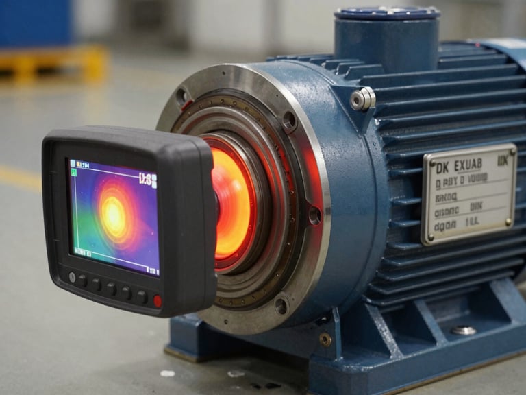 Close-up of a thermal imager pointed at an industrial electric motor end-bell and coupling guard, the imager screen showing a false-colour infrared scan with a localised amber-red hot-zone at the bearing housing, studio strobe lighting from the right illuminating the motor nameplate and hardware texture, factory floor background out of focus