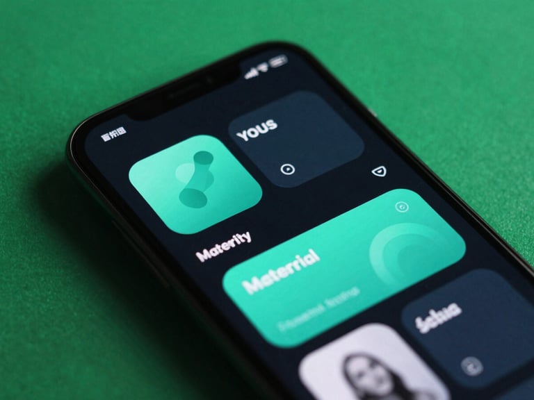 Close-up of an Android device screen displaying a Material You-themed application with fluid animations, dark mode, vibrant teal accents.