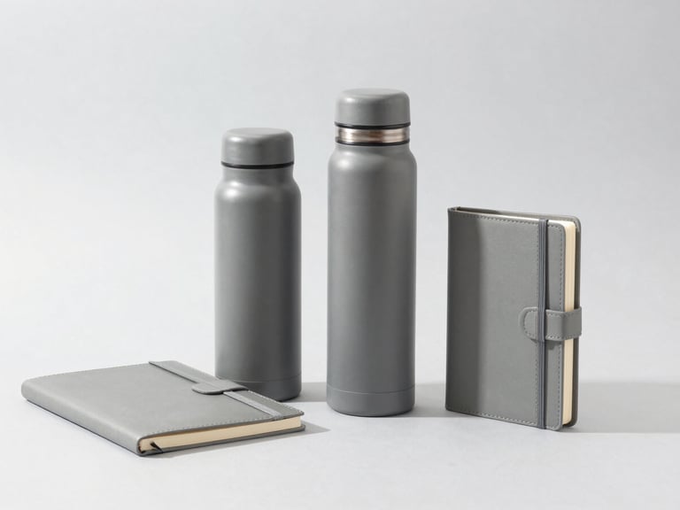 Bright high-key product photography of customized slate gray thermoses and notebooks aligned on a seamless light gray backdrop, crisp studio light, sharp focus, 50mm lens