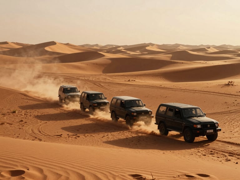 Cinematic 35mm photo of a convoy of black 4x4 trucks kicking up dust on massive orange sand dunes, deep shadows, harsh golden hour light, Oman desert.