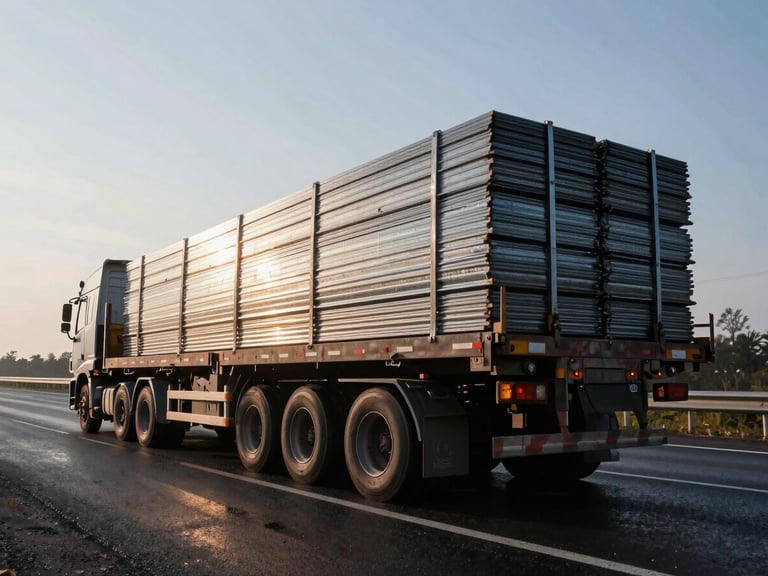 Low-angle heavy-duty flatbed truck loaded with secured steel cargo on a wet highway, dramatic early morning light, high contrast.