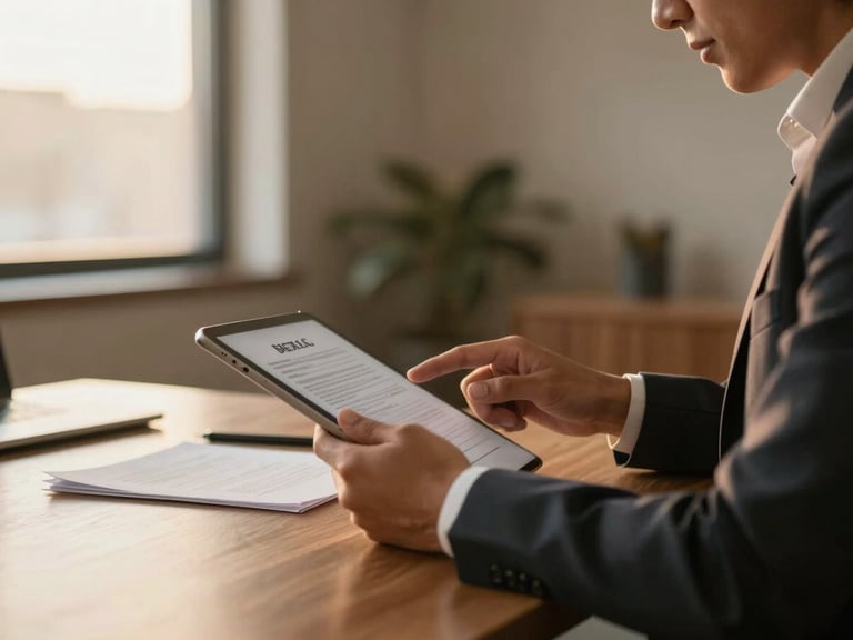 Mexican business owner reviewing documents in a modern, warm-lit office, hands visible on a tablet, soft rich tones, shallow depth of field, authentic, 35mm
