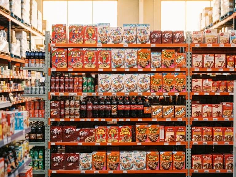 Straight-on medium shot of tidy, brightly lit Brisbane warehouse shelves stacked high with colorful authentic American cereals, sodas, and baking mixes, warm sunny daylight, vibrant saturated colors.