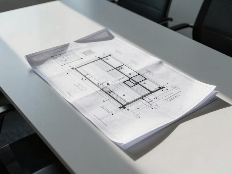 High-contrast architectural office environment, sharp overhead view of a clean conference table with blueprints and structural diagrams, cool-toned daylight, minimal aesthetic