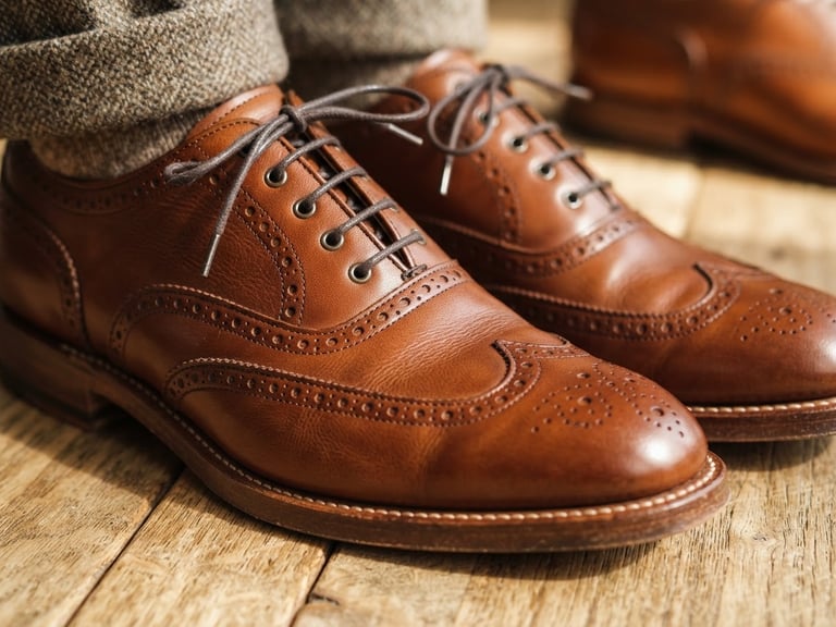 Primer plano de zapatos de cuero bien cuidados, con luz natural brillante, textura rica y tonos tierra cálidos.