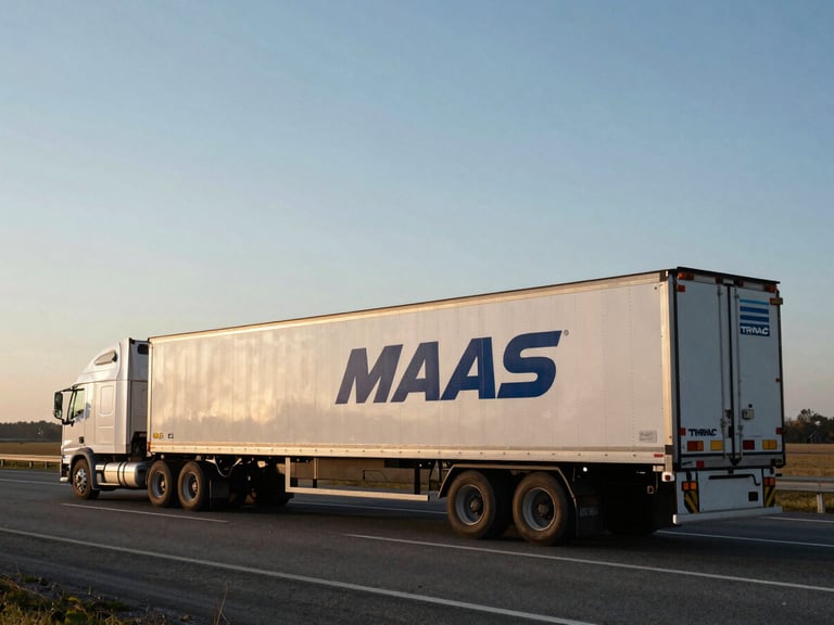 Wide-angle highway landscape shot of a MAAS TRUCKING flatbed trailer with a secured load, driving during dramatic dusk highway lighting, high-contrast cool tones, 35mm.