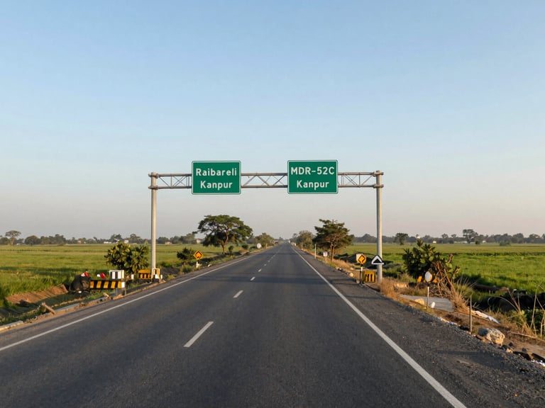 Wide establishing shot of MDR-52C highway junction near Paradise Green, shot from road level in morning light, road signs indicating Raibareli and Kanpur directions visible, flat green agricultural fields either side, clear sky with low horizon