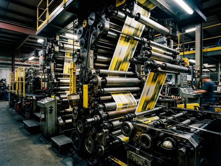 Wide shot of a modern industrial printing press in motion, metallic rollers, high-contrast lighting, deep blacks and bright yellow accents, 35mm