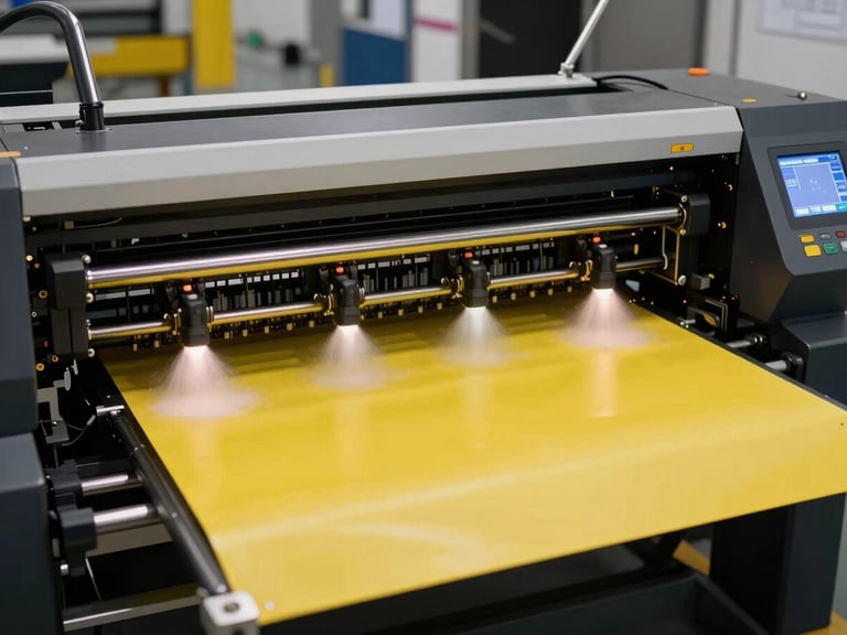 Impresora de gran formato trabajando en un banner publicitario, chorros de tinta visibles, luces industriales frías y detalles de color amarillo en la pantalla de control.