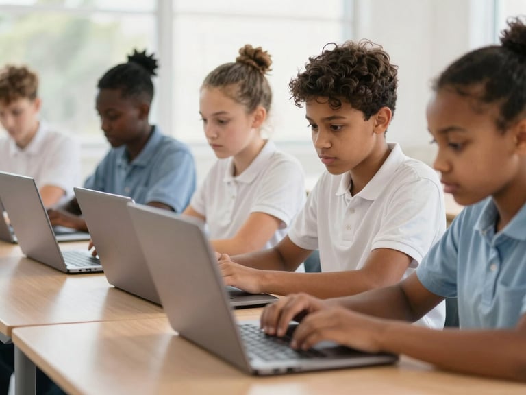 South African high school learners in Grade 8-12, focused on laptops in a modern study area, preparing for university, natural daylight, soft digital glow, shallow depth of field.