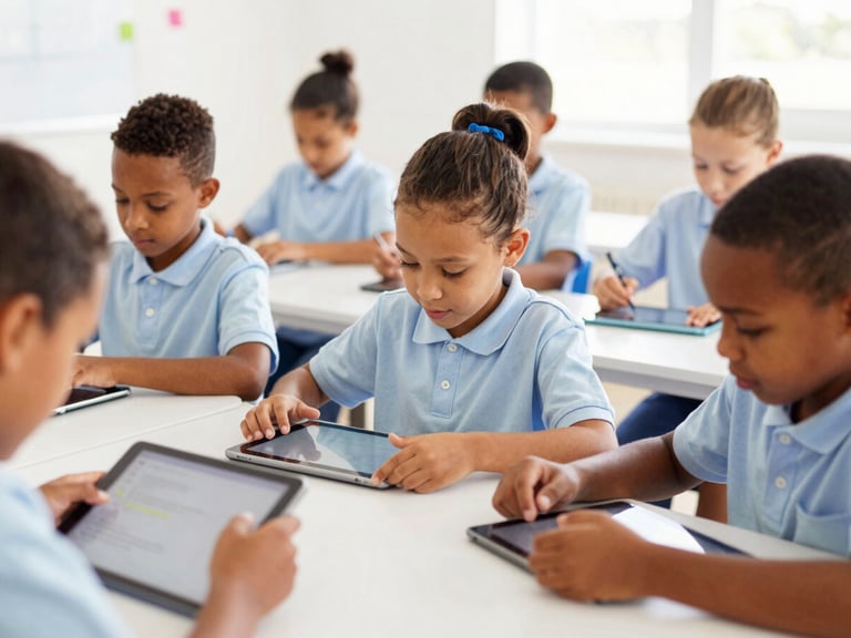 South African learners in Grade 4-7, collaborating on tablets in a bright classroom, natural daylight, soft digital glow, shallow depth of field.
