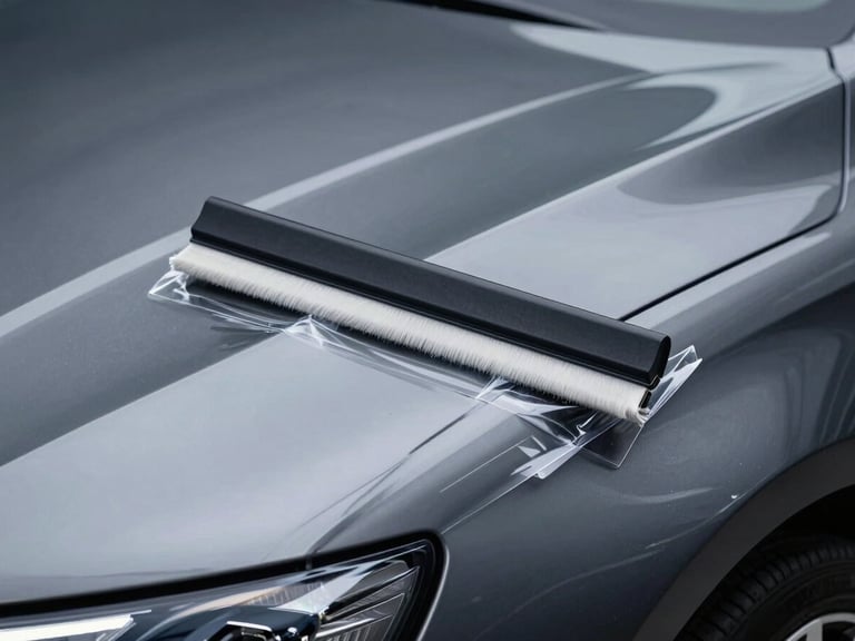 Extreme close-up macro shot of a clear protective film being squeegeed onto a flawless dark metallic car hood, dramatic linear rim lighting, 85mm