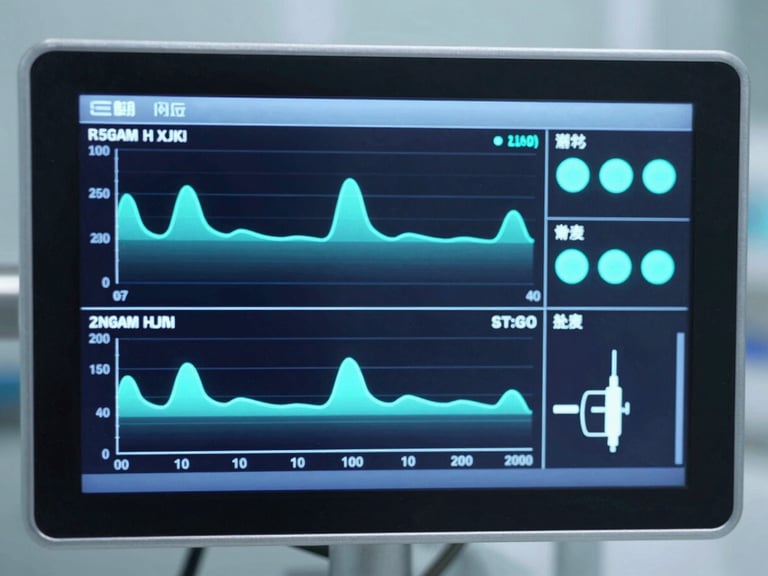 A digital telemetry dashboard displaying real-time medical gas pipeline pressure graphs, glowing cyan indicators on a dark interface, technical clinical aesthetic, 35mm