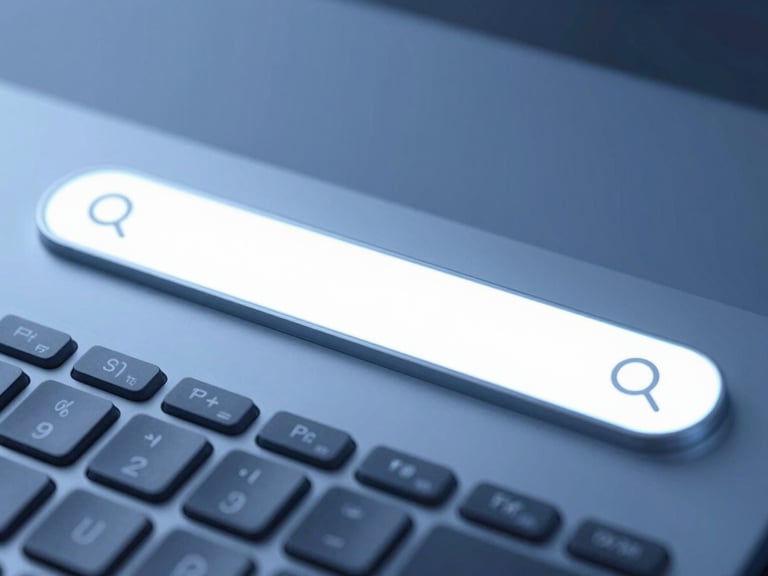 Close-up of a keyboard with a glowing search bar on screen, sleek corporate tech photography, cool blue studio lighting, sharp high-contrast details, minimalist composition, 50mm lens
