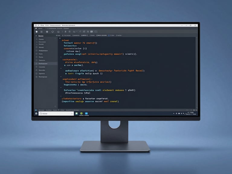 Clean code on a modern monitor, sleek corporate tech photography, cool blue studio lighting, sharp high-contrast details, minimalist composition, 50mm lens