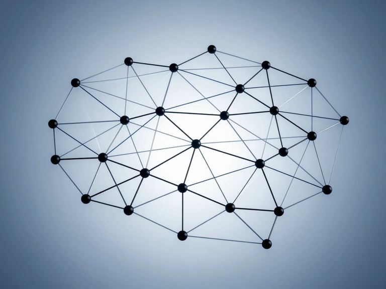 Abstract network architecture, data flow visualization, sleek corporate tech photography, cool blue studio lighting, sharp high-contrast details, minimalist composition, 50mm lens