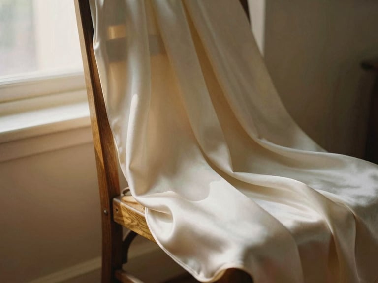Detail shot of heavy silk fabric draping over a wooden chair, warm diffused side-window daylight, soft shadows, minimal editorial composition, 35mm