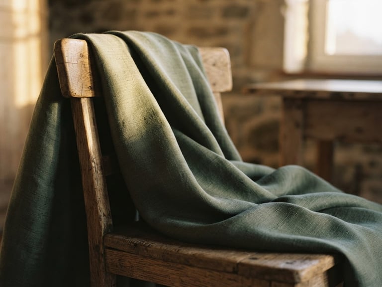 Close-up of heavy silk fabric draping elegantly over a raw wooden chair, soft golden-hour side light, rich desaturated tones, 35mm photography