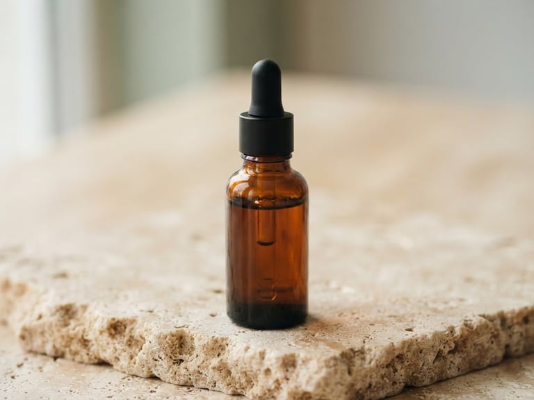 Macro close-up of a minimalist amber glass dropper bottle on a raw stone surface, soft morning light casting gentle shadows, warm alabaster background, shallow depth of field, 35mm photography