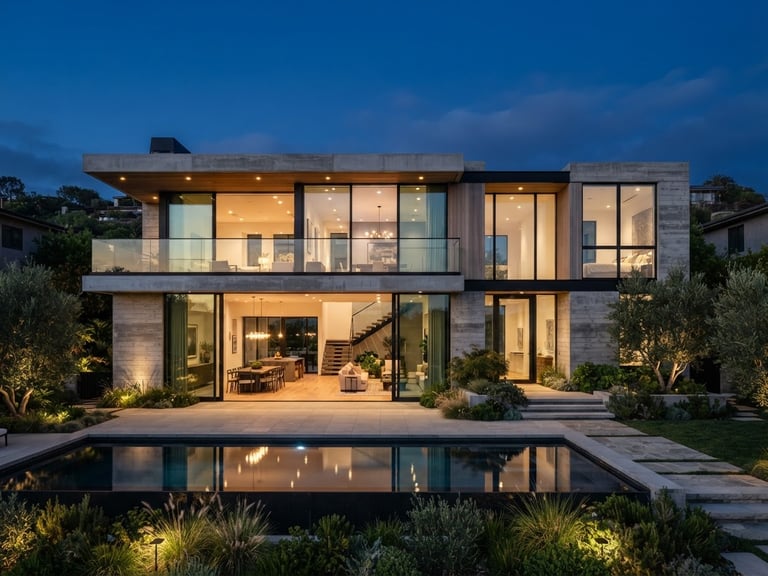 Premium architectural photography of a modern high-end concrete and glass residence facade, sharp focus, dusk light, clean lines
