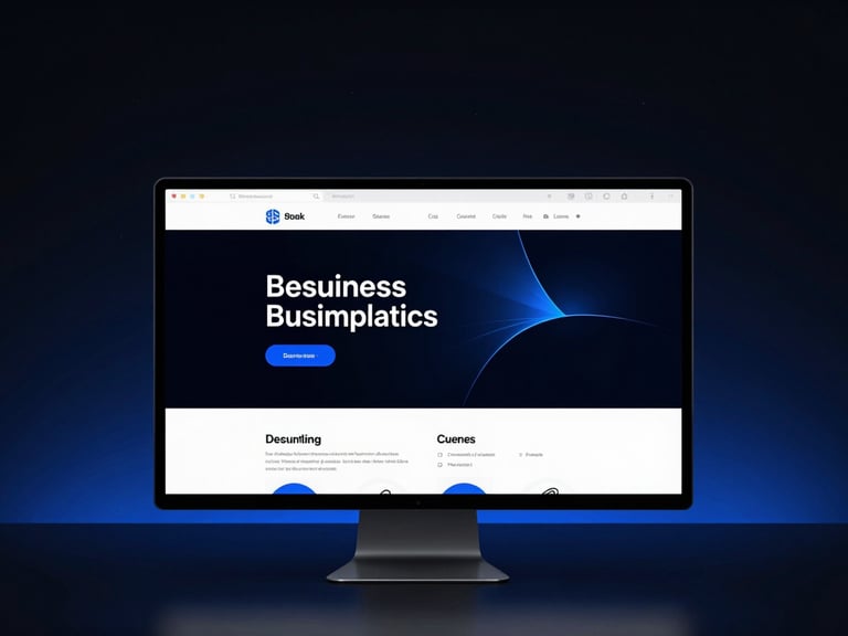 Sleek modern browser mockup showing a clean business landing page on an ultra-wide monitor, dark high-contrast background with subtle electric blue glow, minimal tech aesthetic